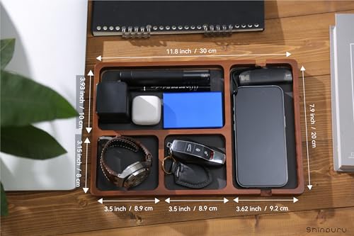 Shinpuru Wooden Valet Tray for Men, Nightstand Organizer with Leather Inlay, EDC Essentials Catchall Tray for Keys, Phone, Wallet, Watch, Earbuds - Bedside Desk Entryway Tray (Wood) - color: Brown