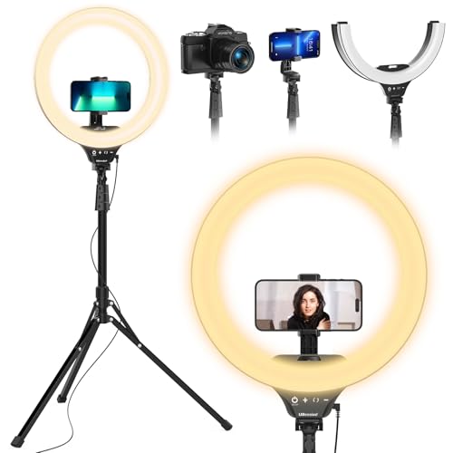 UBeesize 14'' LED Foldable Ring Light with 62'' Tripod Stand, Selfie Ring Light for Video Recording, Live Streaming, TikTok & YouTube, Compatible with iPhone & Android (Black) - color: Black, size: 14in