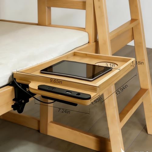 Bedside Shelf Foldable, Bunk Bed Side Table Tray for Top Bunk with USB A&C Charging Ports and Outlet, College Dorm Room Essentials, Clip on Nightstand for Loft Bed Accessories, Bamboo