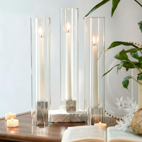 LETINE Hurricane Candle Holders with Silver Ribbed Taper Candle Holders Set of 3(14")– Bulk Windproof Taper Candle Hurricane Glass for Outdoor&Indoors Wedding Centerpiece, Event & Home Decor - color: Silver, size: 14H"-3pcs+3pcs Taper Holder1.57"/2.36"/3.