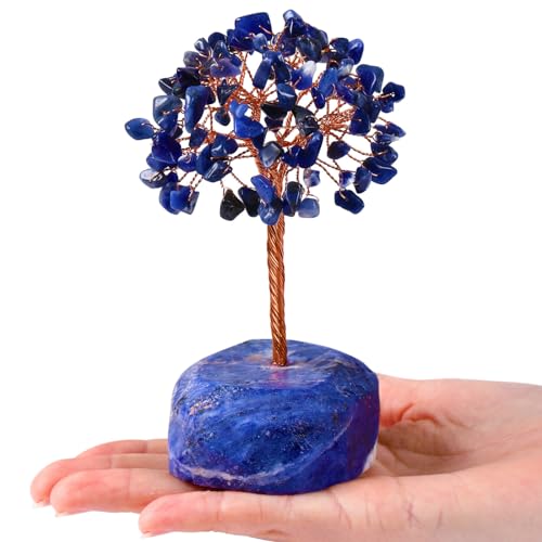 QINJIEJIE Blue Sodalite Healing Crystal Tree Decor Natural Stone Gemstone Room Office Desk Decor Gem Base Copper Wire Money Tree of Life Reiki Book Shelf Decorations Spiritual Yoga Gift for Women - color: Blue Sodalite, size: 5.2 in