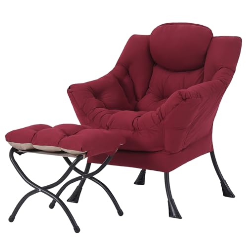 Tiita Lazy Chair with Ottoman, Red Modern Large Accent Chair, Comfy Leisure Sofa Armchair with Ottoman, Reading Chair with Footrest for Bedroom, Living Room, Dorm Rooms, Wine red - color: Burgundy
