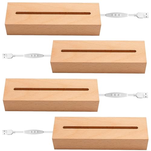 EATAKWARD 4 Pcs 5.9" Wood Rectangle Light Display Pedestal, Wooden Display Base Dimmable Colorful Lights Lamp Stand with USB Cable for Acrylic, Crystal, Night Light (Inner Slot, Square Base) - color: Natural wood color