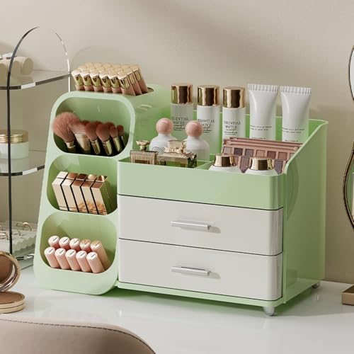 Booklov Makeup Organizer for Vanity, Large Capacity Cosmetic Display Case with Drawers, Countertop Beauty Storage Holder for Skincare, Brush Eyeliner Eyeshadow Lipsticks, Counter Desk, Cream Green - color: Green & Cream, size: L01