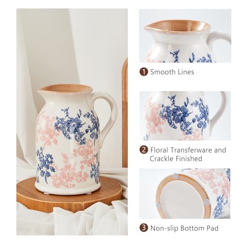 Floral Pattern Flower Pitcher Vase, Farmhouse vase with Handle, Ceramic Modern Pitcher Vase for Home Décor, Cute Water Jug. - color: Blue&red Pitcher