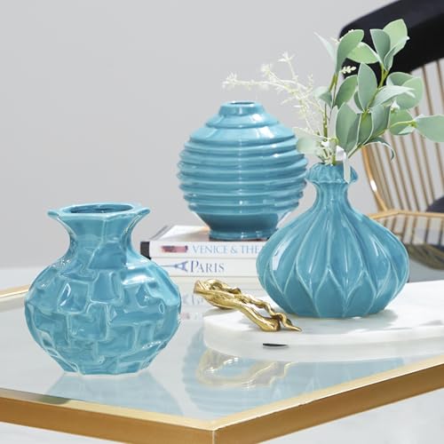Deco 79 Ceramic Decorative Vase Centerpiece Vases with Varying Patterns, set of 3 Flower Vases for Home Decoration 6" x 6" x 6", Blue
