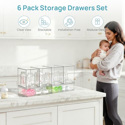 Vtopmart 6 Pack Clear Baby Bottle Organizer Set, Stackable Storage Drawers Ideal for Kichen Countertop, Vanity, Bathroom, Cabinet, Pantry Organization - style: 4 High+2 Wide