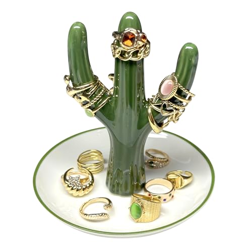 PUDDING CABIN Cactus Ring Holder Green Jewelry Dish for Rings Earrings Bracelets Necklace Organizer, Cactus Gift for Women Birthday Wedding Graduation Christmas Valentines, Room Decor Aesthetic - style: Tall Cactus