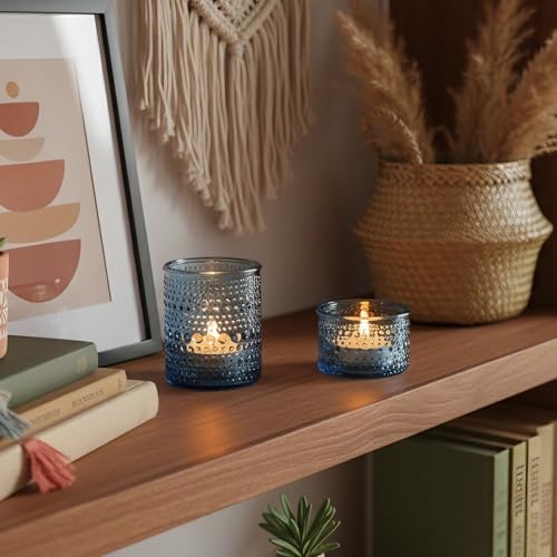 NITIME Blue Glass Votive Candle Holders Set of 24, Assorted Heights Polka Dot Tealight Candle Holders for Table Centerpiece, Blue Candle Holder Decor for Wedding, Baby Shower Party & Spa - color: Blue