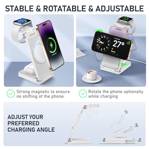 Magnetic Wireless Charger Stand, 3 in 1 Foldable Wireless Charging Station with 20W Adapter, Travel Charger for Multiple Devices for iPhone 16 15 14 13 12 Pro/Max/Plus/Mini, iWatch, AirPods - color: White