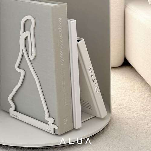 ALUA - Metal Bookend Modern Line Art Design Heavy-Duty and Scratch-Resistant Space-Saving Organizer (D, White)