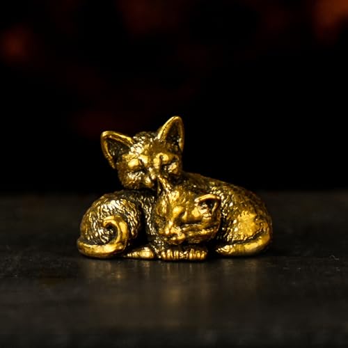 Solid Brass Cat Couple Sculpture Set - Two Style Affectionate Cat Figurines 100% Pure Brass, Handmade Vintage Collectible, Mid-Century Modern Desk Oddity for Home Office & Romantic Gift - Snuggle up - color: Couple Snuggle Up Cat