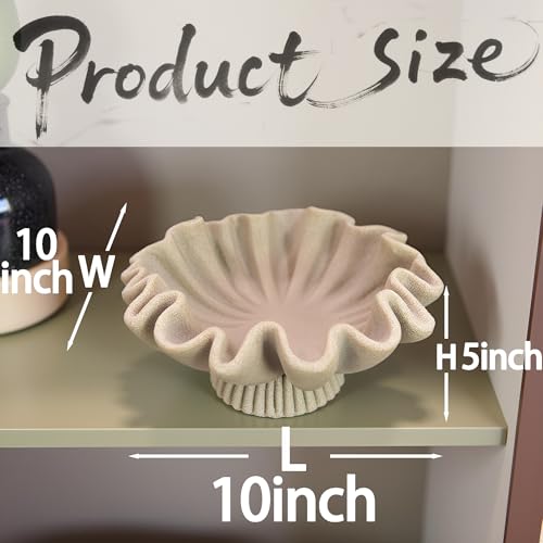 10" Large Handmade Decorative Bowl decor , Handicraft Scalloped Bowls for Modern Home Decor,Ruffle Decor,Key Bowl for Entry Table,Decorative Fruit Bowl for Kitchen Counter,Artificial Stone Beige - color: Beige-With base, size: 10inch