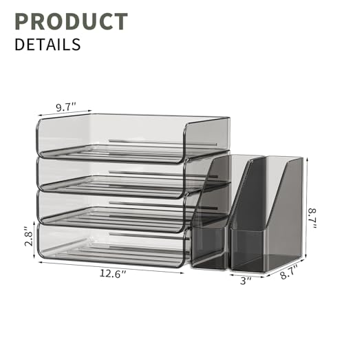 FANXIYQ 4-Tier Horizontal Acrylic Paper Tray Organizer with Booends | Clear Stackable Desk Organizer for Documents, Letters, A4 Paper | Modern Office/Classroom/Home Organization,Brown - color: Brown, size: Horizontal