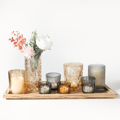 Rustic Wooden Tray with 8 Brown Glass Votive Candle Holders, Decorative Tea Light Holder Set for Mantel, Centerpiece, Dining Table Centerpiece Set, and Home Decor(Set of 8 Pieces) - color: Brown