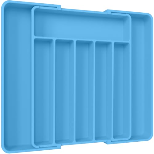 Aujen Silverware Organizer - Expandable Kitchen Drawer Organizer, Adjustable Utensil Organizer, Cutlery Tray for Forks, Knives, Multipurpose Kitchen Organizers and Storage Solution, Dark Blue, Large - color: Dark Blue, size: Large