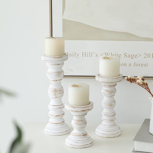 SWALLOWLIVING Rustic Farmhouse Wood Pillar Candle Holder Set of 3 for Candlestick, White - color: White