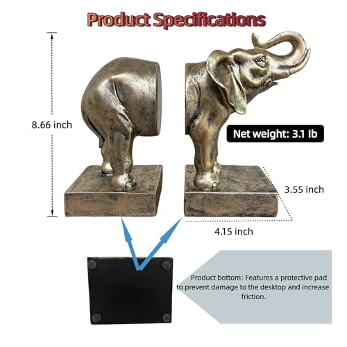 Elephant Book Ends Decorative Bookends for Shelves, Animal Elephant Bookends for Bookshelf Decor, Decorative Book Stoppers for Home Office Library - color: Vintage Elephant - Faux Bronze