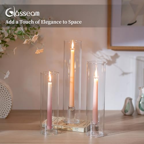 Glasseam Hurricane Taper Candle Holders: Set of 3 Glass Candlestick Holders with Clear Tall Cylinder Candle Sleeves for Centerpiece Table Outdoor Wedding Home Decor 9.84''/11.84''/13.78'' - size: Hurricane+Candlestick
