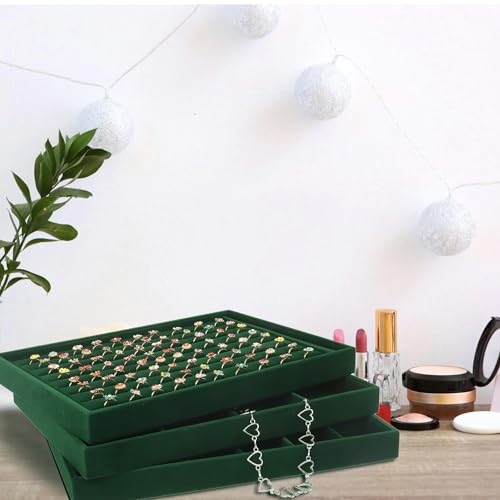 Rocutus Jewelry Trays,3 Pack Stackable Velvet Jewelry Organizer Tray Drawer Jewelry Storage Tray,Divided Ring Organizer Tray for Earrings, Necklaces, Bracelets,13.8"x9.5"x1.2" (Dark Green) - color: Dark Green