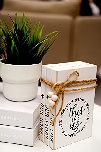 LIVDUCOT Wood Decorative Books Stack Rustic Home Decor Stack White Wooden Books for Modern Home Decor,Shelf,Mantle or Tray This is Us Our Life Our Story Our Home 7X 5.5X 2.5' - color: This is Us
