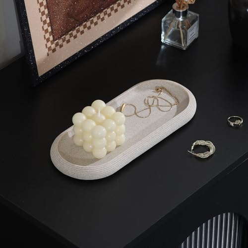 Jewelry Tray Bathtub, Resin Stone Look Decorative Perfume Tray, Bathroom Marble Vanity Organizer Plate Holder for Ring Soap Towel Small Things on Kitchen Sink Countertop (Beige, Medium) - color: Beige, size: 10.2" x 4.4" x 0.8"