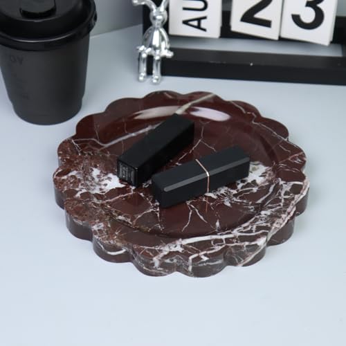 Round Marble Decorative Tray with Scalloped Edge, Luxury Natural Stone Bathroom Vanity Tray, Dresser Top Perfume Coffee Home Kitchen Sink Tray, Key Trinket Ring - color: Rosso Lepanto