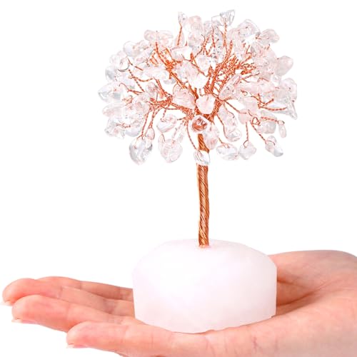 QINJIEJIE Clear Quartz Healing Crystal Tree Decor Natural Stone Gemstone Room Office Desk Small Shelf Decor White Crystal Base Copper Wire Money Tree of Life Spiritual Yoga Gift for Women Men - color: Clear Quartz, size: 5.2 in
