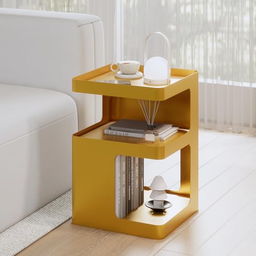 Gold Side Table,Modern end Table with Storage,Unique nightstand,Metal Small Bedside Table,3-Tier Accent Table for Bedroom,Living Room,Small Space,Couch.No Assembly Required - color: Gold