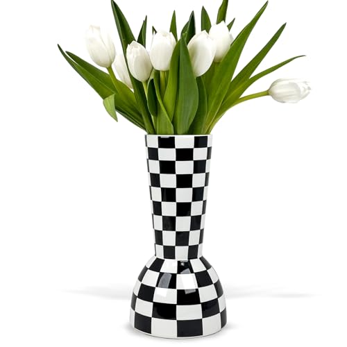 Black and White Checkered Vase, Aesthetic Modern Ins Cool Flower Vases for Home Decor, Entryway Table, Centerpieces Decoration, Kitchen, Living/Dining Room, Bedroom, Bathroom, Coffee Tables (Ceramic) - color: Black