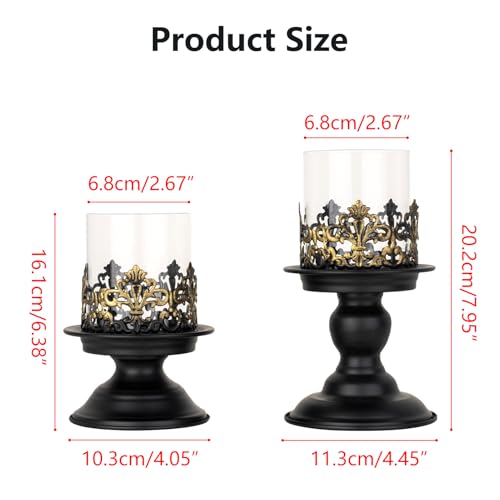 Gothic Hurricane Candle Holders, Black Metal with Glass Sleeve, Set of 2 Decorative Pillar Holders, 5.9 and 7.9 Inch Height, 4 Inch Diameter - size: Height 5.9 inches and 7.9 inches - 2 Pieces