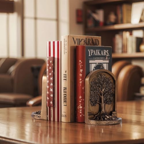 Large Vintage Bronze Finish Tree of Life Bookends Set, 2 Non-Skid Heavy Bookends for Shelves or Bookcase, Decorative Bookends for Desktop Shelf Decor, Library Office Decor, Home Décor Gift - color: Antique Bronze, size: Large