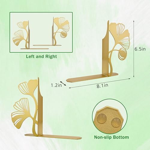 Gold Bookends – Unique Decorative Book Ends with Ginkgo Leaf Design, Cute Bookends for Shelves, Desks, or Libraries for Book Lovers