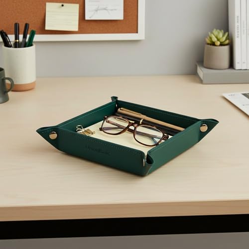 UnionBasic Valet Tray, Jewelry Tray for Rings Watches Earrings, Entryway Catchall Caddy for Coins Keys Change, Nightstand Organizer Bedside Valet Holder, Trays for Electronic Gadgets, Vintage Green - color: Blackish Green, size: 5.4" x 5.4" x 1.6"