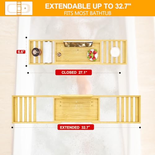 Bathtub Tray - Bath Tray Expandable - Bath Table Trays for Bathtub/Tub,Premium Bamboo Wooden, Fits Most Bath Tubs - color: Bright Yellow