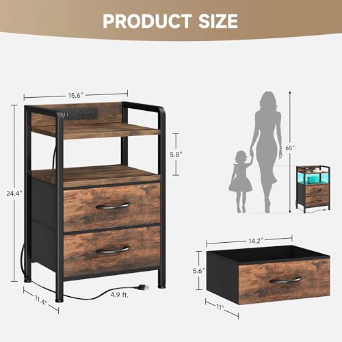 Lazzanto Night Stand Bedside Table Bedroom - Nightstand with Charging Station, Night Stand with LED Light Strip, End Table with U-S-B Ports & AC Outlets, Storage Shelf & 2 Fabric Drawers, Rustic Brown - color: Rustic Brown, size: 2 Drawers