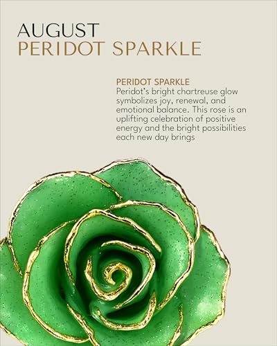 Forever Rose Hand-Dipped in 24K Gold, Peridot-Inspired August Birthstone with Sparkles, Real Rose in Luxury Gold Gift Box & Clear Glass Bud Vase – Perfect Ready for August Birthday or Any Occasion - color: August Peridot