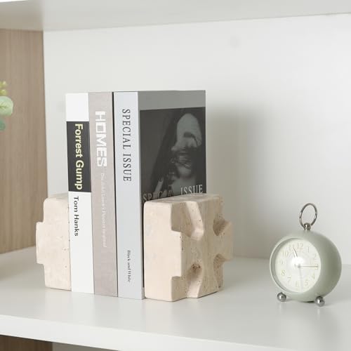 Decorative Square Marble Bookends for Heavy Books – Unique Book Ends for Shelves – Modern Aesthetic Book Holder/Stopper with Non-Slip Pads for Chic Home, Office, or Library Decor(Travertino Turkey) - style: Square-Beige