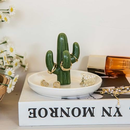Cactus Ring Holder Dish, Ceramic Jewelry Tray Trinket Dish for Necklace Keychain Organizer, Cute Funny Birthday Wedding Mothers Day Gift for Women Friends Girls - style: Cactus