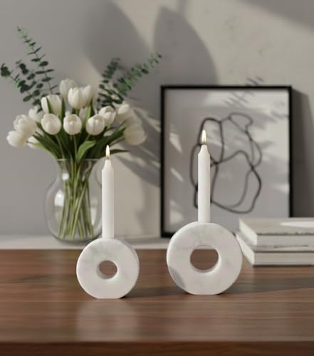 Marble Candle Holder Set of 2 White Taper Candles Holder for Table Decorations, Living Room & Home Decor, Candlestick Holders for Pillar Candles Sticks, Centerpieces & Gifts - color: White