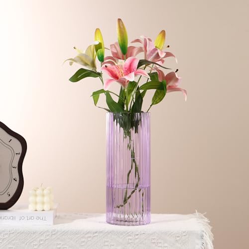 Purple Glass Vase for Flowers, Ribbed Glass Vase for Tulips, Modern Purple Vases, Tall Cylinder Glass Vases for Living Room, Bedroom, Dining Table, Office, Wedding, Bookshelf, 10 Inches - color: Purple, size: 10''