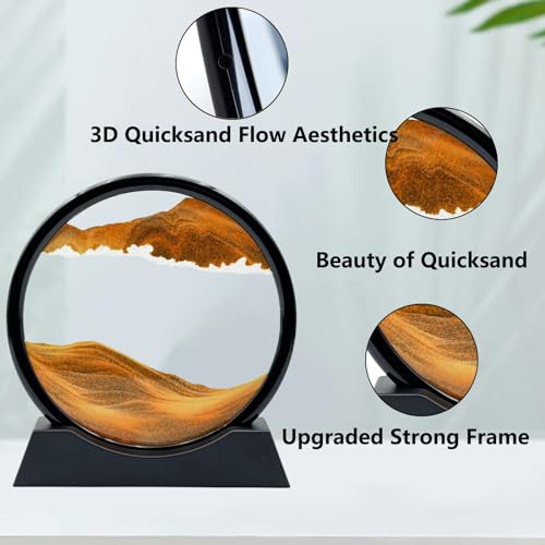 Moving Sand Art Liquid Motion, 3D Deep Sea Sandscape Color Quicksand Decor, Round Glass Moving Sand Art Picture Relaxing Desktop Home Office Work Decor (7 inch-Yellow) - color: Yellow, size: 7 inch