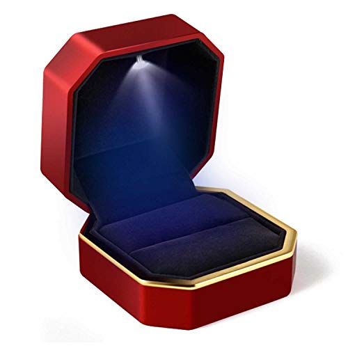 Luxury Ring Box, Square Velvet Wedding Ring Case Jewelry Gift Box with LED Light for Proposal Engagement Wedding, Red - color: Red, size: Ring Box