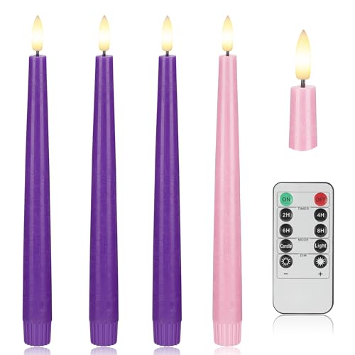 Flamelss Advent Candles, 9.6" Real Wax Flameless Taper Candles with Remote, 4 Pack Flickering LED Candle Battery Operated Candlesticks for Christmas, Catholic, Advent, Wreath, Purple and Pink - color: Purple and Pink