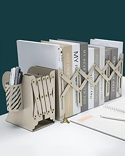 MSDADA Adjustable Bookends, Metal Book Ends for Heavy Books, Expandable Book Organizer with Pen Holder for Desk, Shelf, Office, The First Day of School Stationery Gift for Students,Teachers (Beige) - color: Beige
