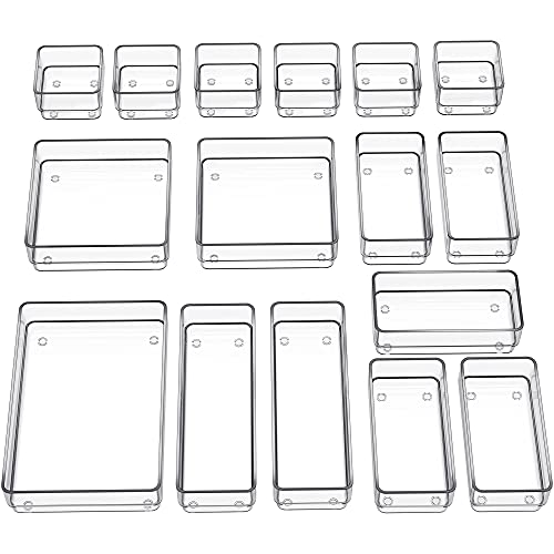 SMARTAKE 16-Piece Drawer Organizer with Non-Slip Silicone Pads, 5-Size Desk Storage Tray for Makeup, Jewelries, Utensils in Bedroom Dresser, Office and Kitchen, Clear - size: Medium