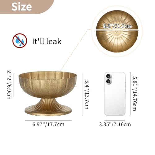 NUPTIO Gold Compote Vase for Centerpiece: 8.5" Wide Short Pedestal Footed Bowl for Flowers - Distressed Brass Urn for Decorative Wedding Table Set of 2 - size: 5.4“H - 2pcs