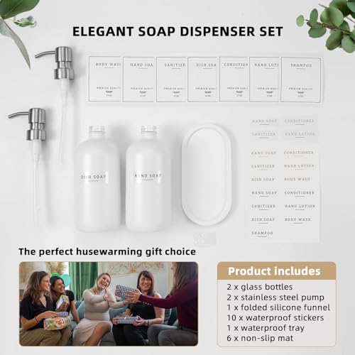 Glass Soap Dispenser - Dish Soap Dispenser for Kitchen and Hand Soap Dispenser Set, Bathroom Soap Dispenser with 304 Rust Proof Pump, Soap Dispenser for Kitchen with Tray, White Bottle/Silver Pump - color: White Bottle/Brushed Silver Pump + Tray + Funnel