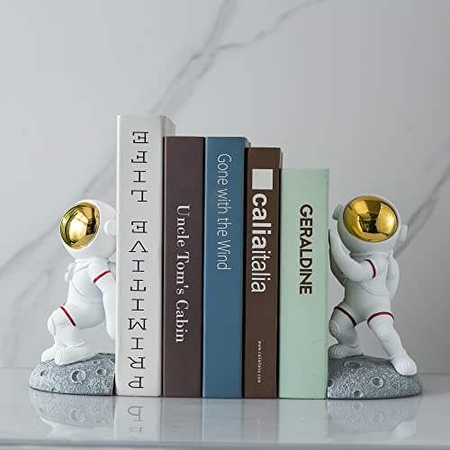 Space Theme Bookends for Shelves, Astronaut Moon Book Ends for Kids Room, Decorative Planet Book Stoppers to Hold Books Heavy Duty, Unique Boys and Girls Gift (Gray) - color: Gray - Astronauts