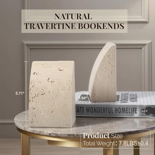 Koville Travertine Bookends for Shelves, Large Stone Bookends for Heavy Books, Non-Slip Heavy Duty Book Stopper for CD/Movies, Aesthetic Decorative Book Ends for Bookshelf Table Home Decor(Beige) - color: Sail-travertine